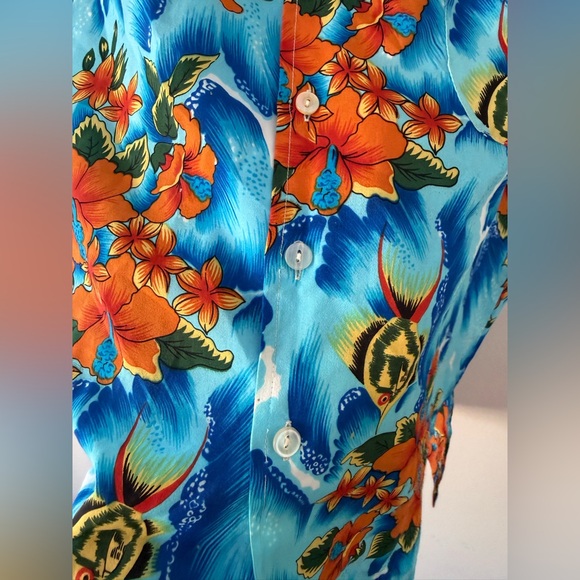 Vintage 70s Authentic Hawaiian Luau Shirt Mens M Hibiscus Floral Ocean Blue - Picture 5 of 15